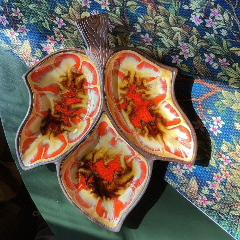 Treasure Craft‎ USA Serving Divided Dish Leaf Design 377 Orange Glaze
